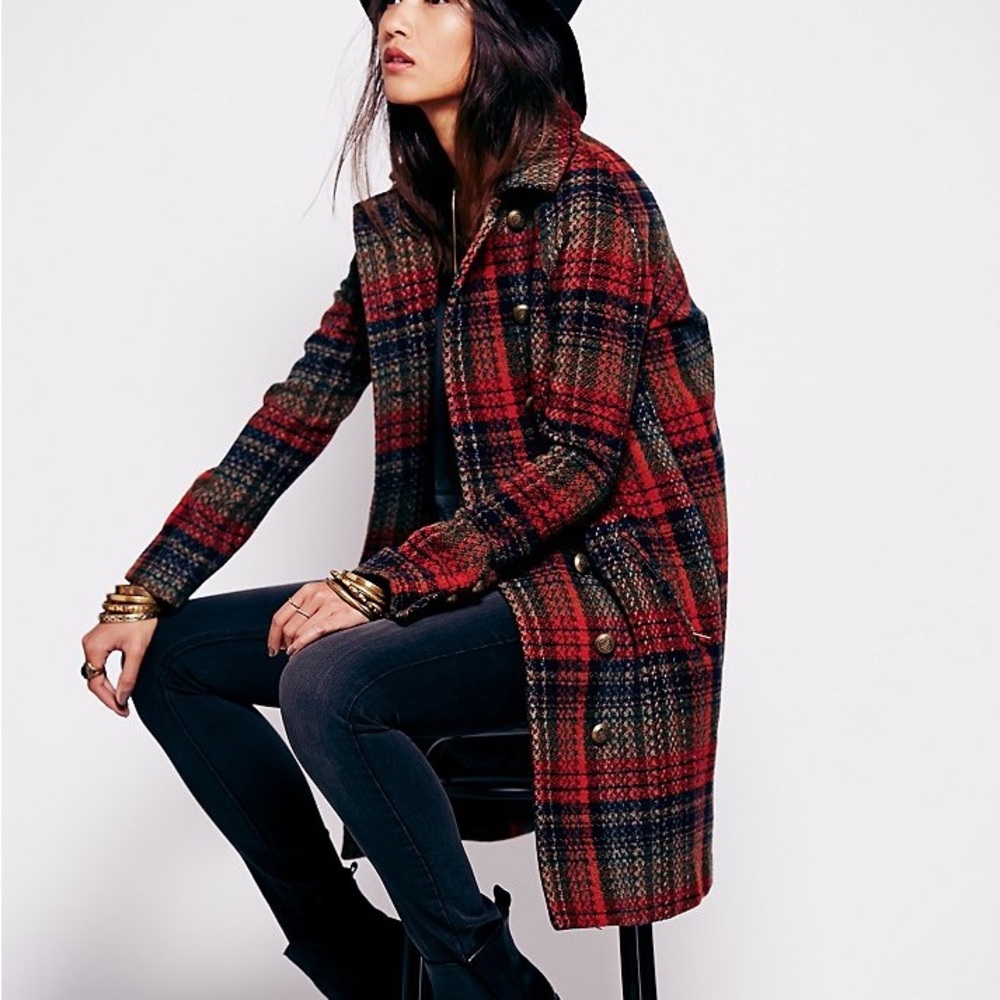 Free People Double-Breasted Plaid Cocoon Coat